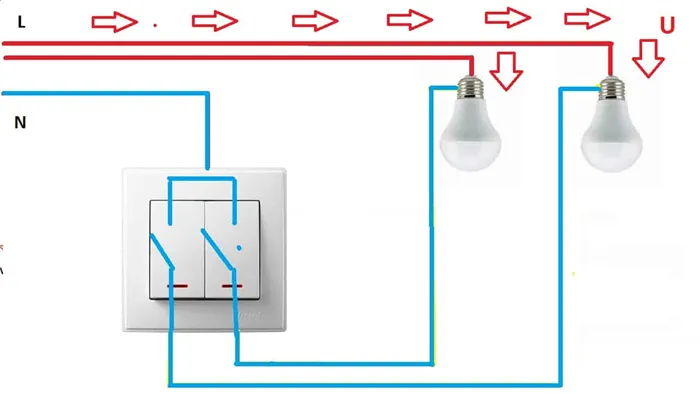 Подключение нейтрального проводника к промежутку между двумя выключателями