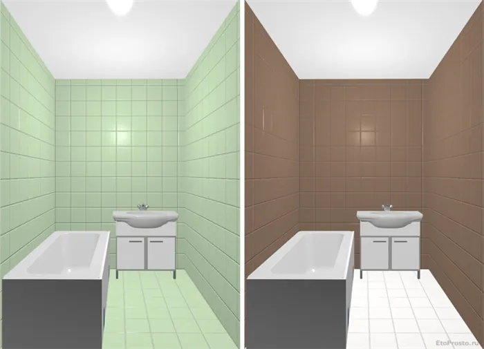 Сравнение различных цветных ванных комнат. Варианты плитки для маленьких ванных комнат.