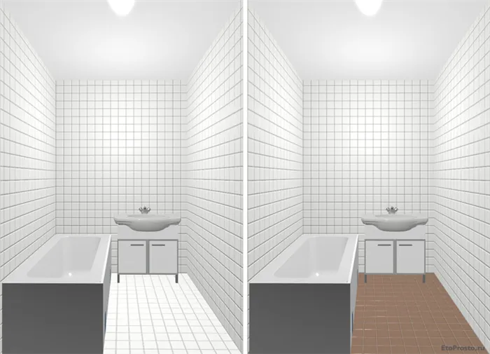 Ванная комната с коричневой напольной плиткой. Плитка 10х10 для интерьеров маленьких комнат.