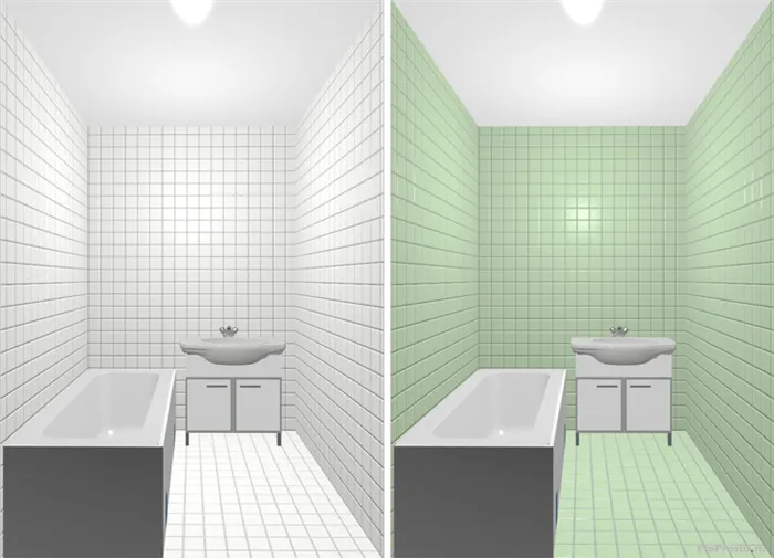 Белая и зеленая плитка для маленьких ванных комнат. Сравните изображение.