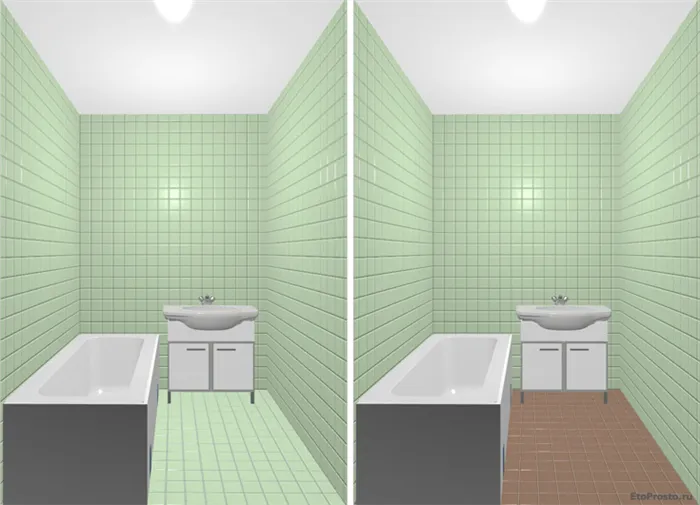 Зеленая ванная комната с коричневым полом. Маленькая интерьерная ванная комната.