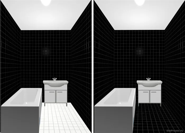 Белая и черная плитка в маленькой ванной комнате. Дизайн интерьера.