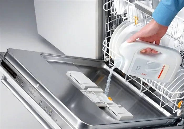 Жидкое моющее средство заливается в посудомоечную машину