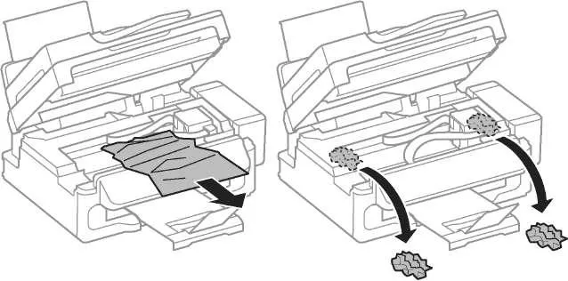 Удаление заблокированной бумаги изнутри принтера.