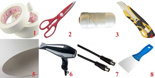 Вам понадобятся следующие инструменты: 1 кроющая лента, 2 ножницы, 3 нейлоновая нить, 4 нож, 5 ткань, 6 сушилка, 7 телевизионная антенна, 8 пластиковый шпатель.
