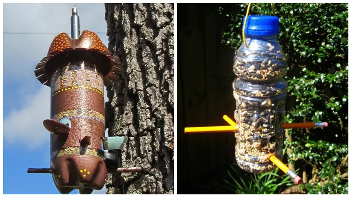 Красивый корм для птиц из пластиковых бутылок: идеи