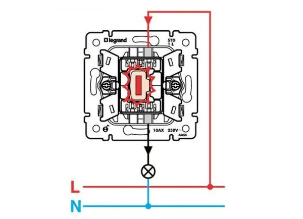 Схема подключения выключателя с одной подсветкой