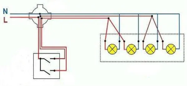 Схема подключения люстры с четырьмя лампами с двойным выключателем