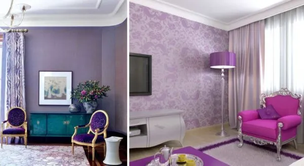 В гостиной в качестве основных цветов (стены, ткани и т.д.) можно использовать фиолетовый или пастельные цвета более светлых оттенков.