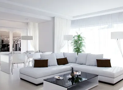 Белые обои и белая мебель с коричневым декором