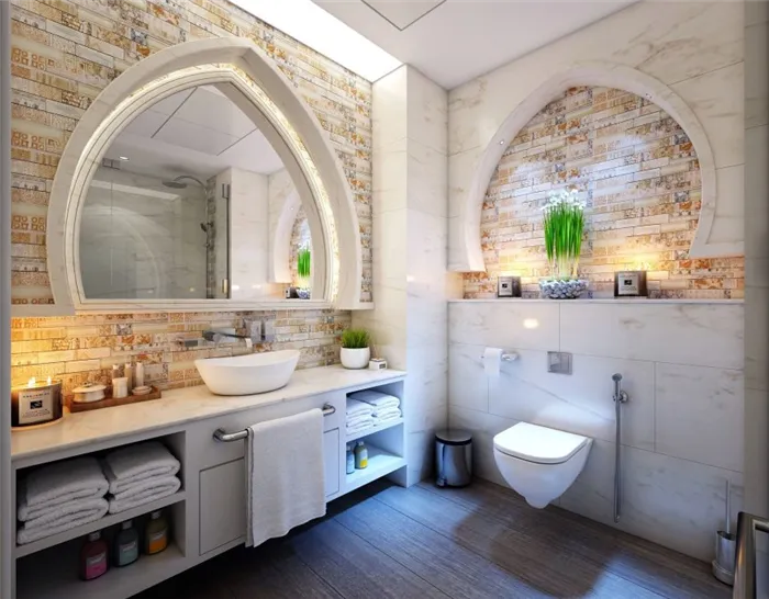 Оригинальный дизайн ванной комнаты с мраморными и кирпичными стенами